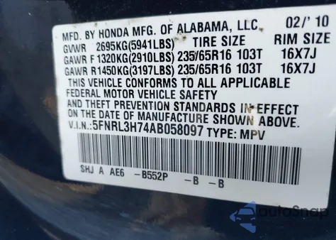 2010 Honda Odyssey Ex-L from USA, damaged, VIN 5FNRL3H74AB058097